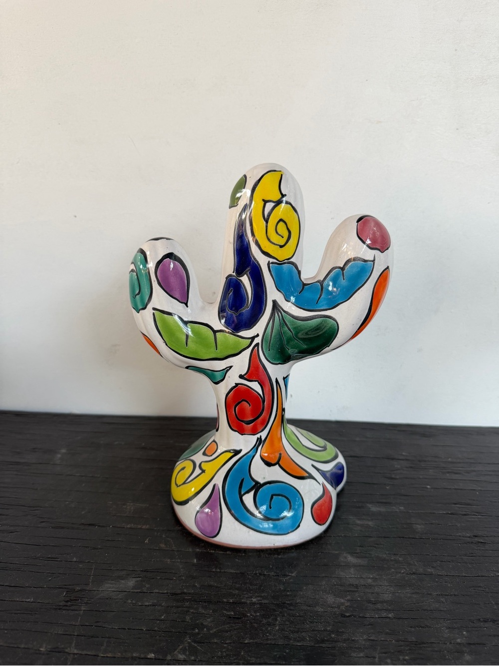 Hand-Painted Talavera Cactus Sculpture Decor- Multicolor